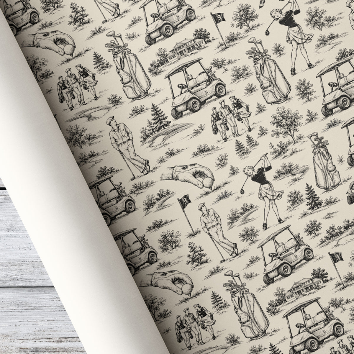 Vintage Golf Wrapping Paper, Black And White Golf Toile de Jouy Pattern Wrapping Paper Rolls, Gift Wrap For Golf Lover