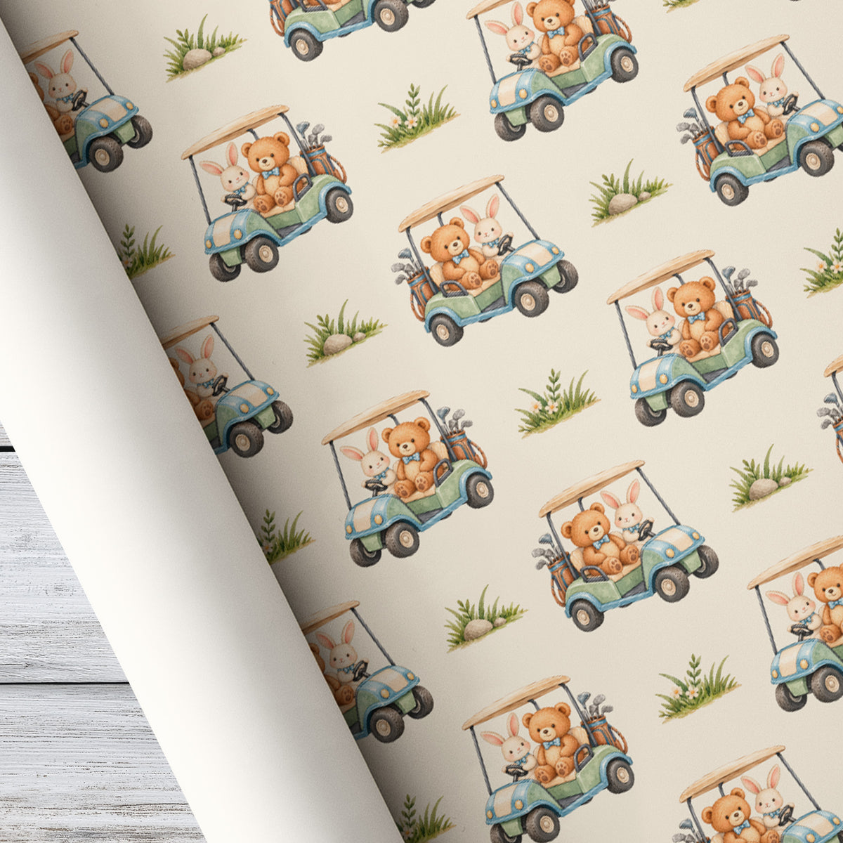 Cute Golf Cart Wrapping Paper, Teddy Bear And Bunny Golfing Pattern Wrapping Paper Rolls, Gift Wrap For Golf Lover
