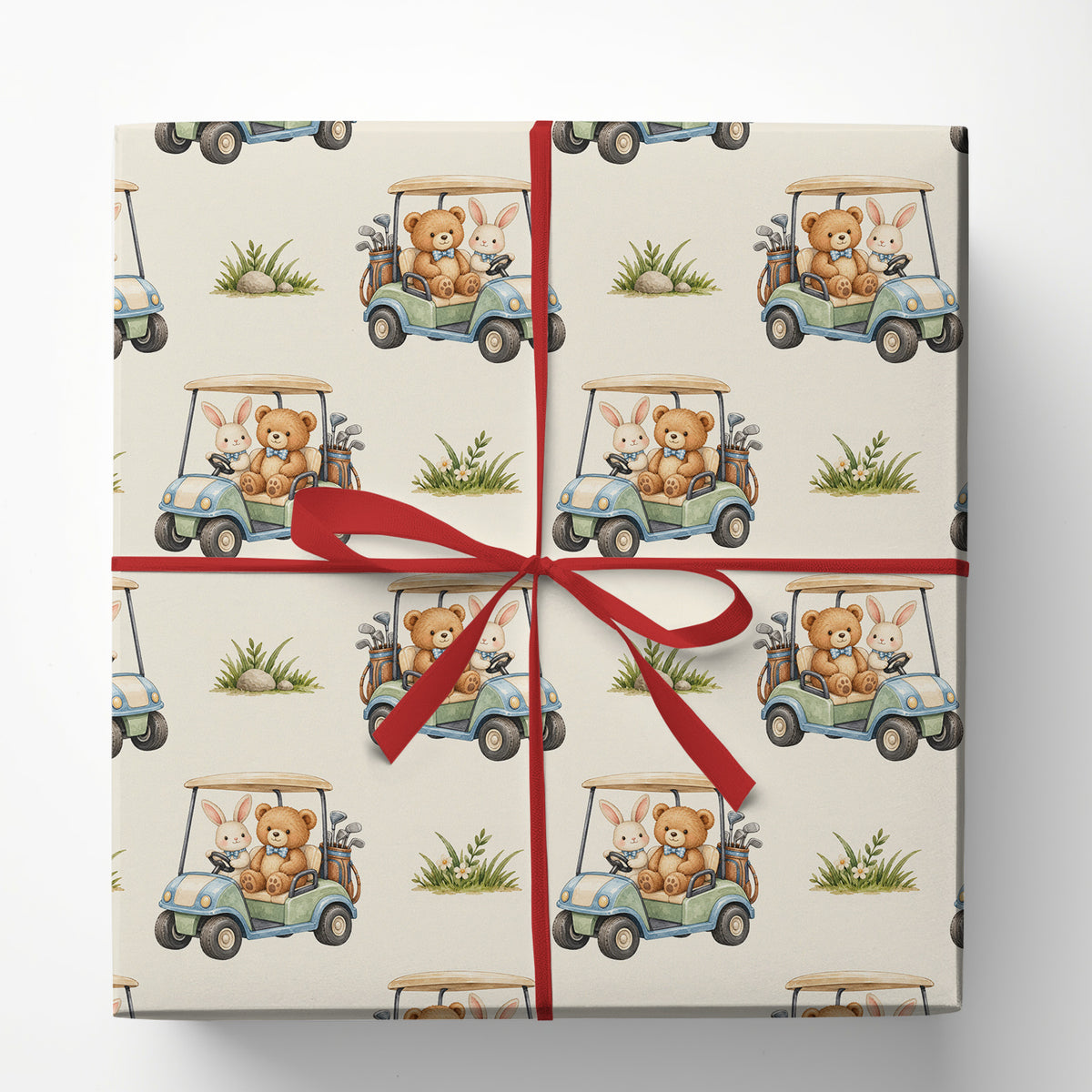 Cute Golf Cart Wrapping Paper, Teddy Bear And Bunny Golfing Pattern Wrapping Paper Rolls, Gift Wrap For Golf Lover