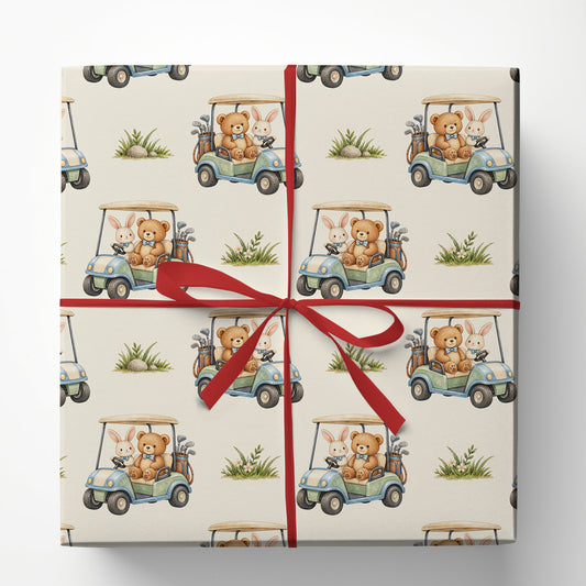 Cute Golf Cart Wrapping Paper, Teddy Bear And Bunny Golfing Pattern Wrapping Paper Rolls, Gift Wrap For Golf Lover