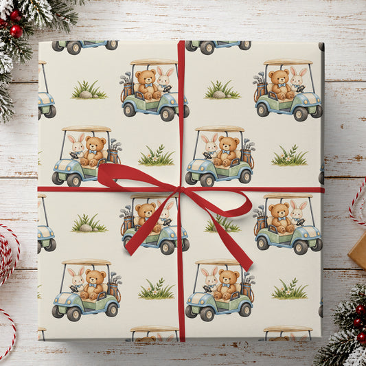 Cute Golf Cart Wrapping Paper, Teddy Bear And Bunny Golfing Pattern Wrapping Paper Rolls, Gift Wrap For Golf Lover