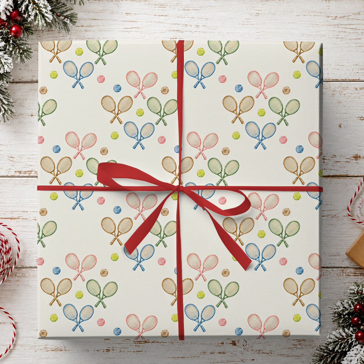 Vintage Tennis Wrapping Paper, Pastel Tennis Racket And Ball Pattern Wrapping Paper Rolls, Gift Wrap For Tennis Lover