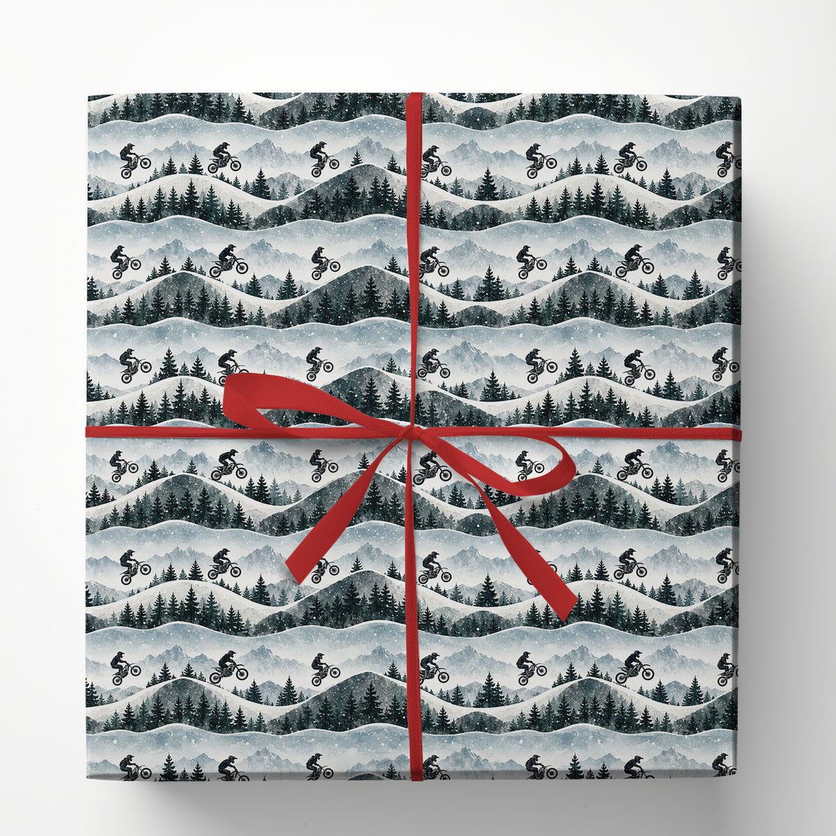 Christmas Dirt Bike Wrapping Paper, Snowy Mountain And Winter Forest Motocross Wrapping Paper Rolls, Xmas Gift Wrap For Motocross Lover