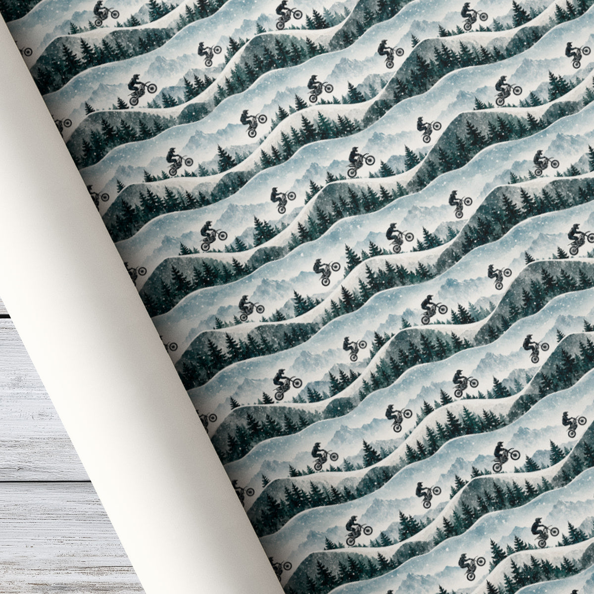 Christmas Dirt Bike Wrapping Paper, Snowy Mountain And Winter Forest Motocross Wrapping Paper Rolls, Xmas Gift Wrap For Motocross Lover