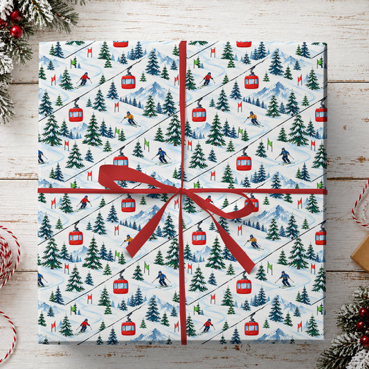 Ski Resort Wrapping Paper, Downhill Skiers, Red Gondolas And Snowy Mountains Wrapping Paper Rolls, Gift Wrap For Skiing Lover