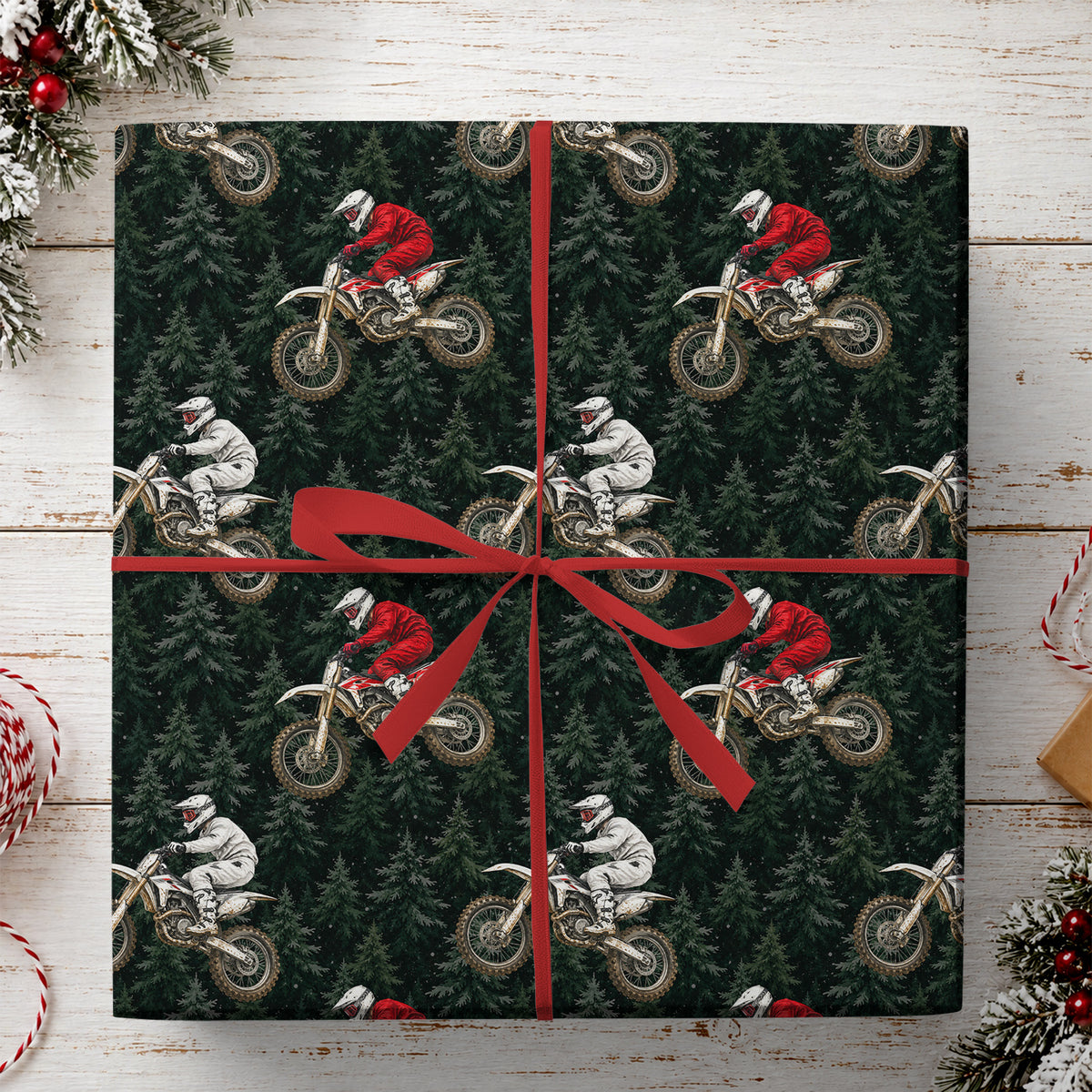 Dirt Bike Wrapping Paper, Red And White Motocross Riders On Dark Green Evergreen Forest Wrapping Paper Rolls, Gift Wrap For Motocross Lover