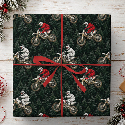Dirt Bike Wrapping Paper, Red And White Motocross Riders On Dark Green Evergreen Forest Wrapping Paper Rolls, Gift Wrap For Motocross Lover