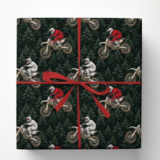 Dirt Bike Wrapping Paper, Red And White Motocross Riders On Dark Green Evergreen Forest Wrapping Paper Rolls, Gift Wrap For Motocross Lover