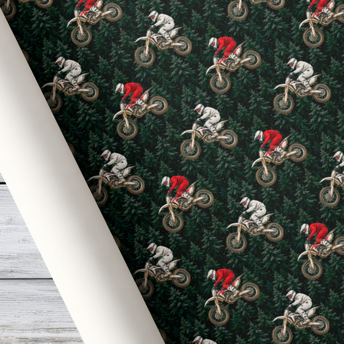 Dirt Bike Wrapping Paper, Red And White Motocross Riders On Dark Green Evergreen Forest Wrapping Paper Rolls, Gift Wrap For Motocross Lover
