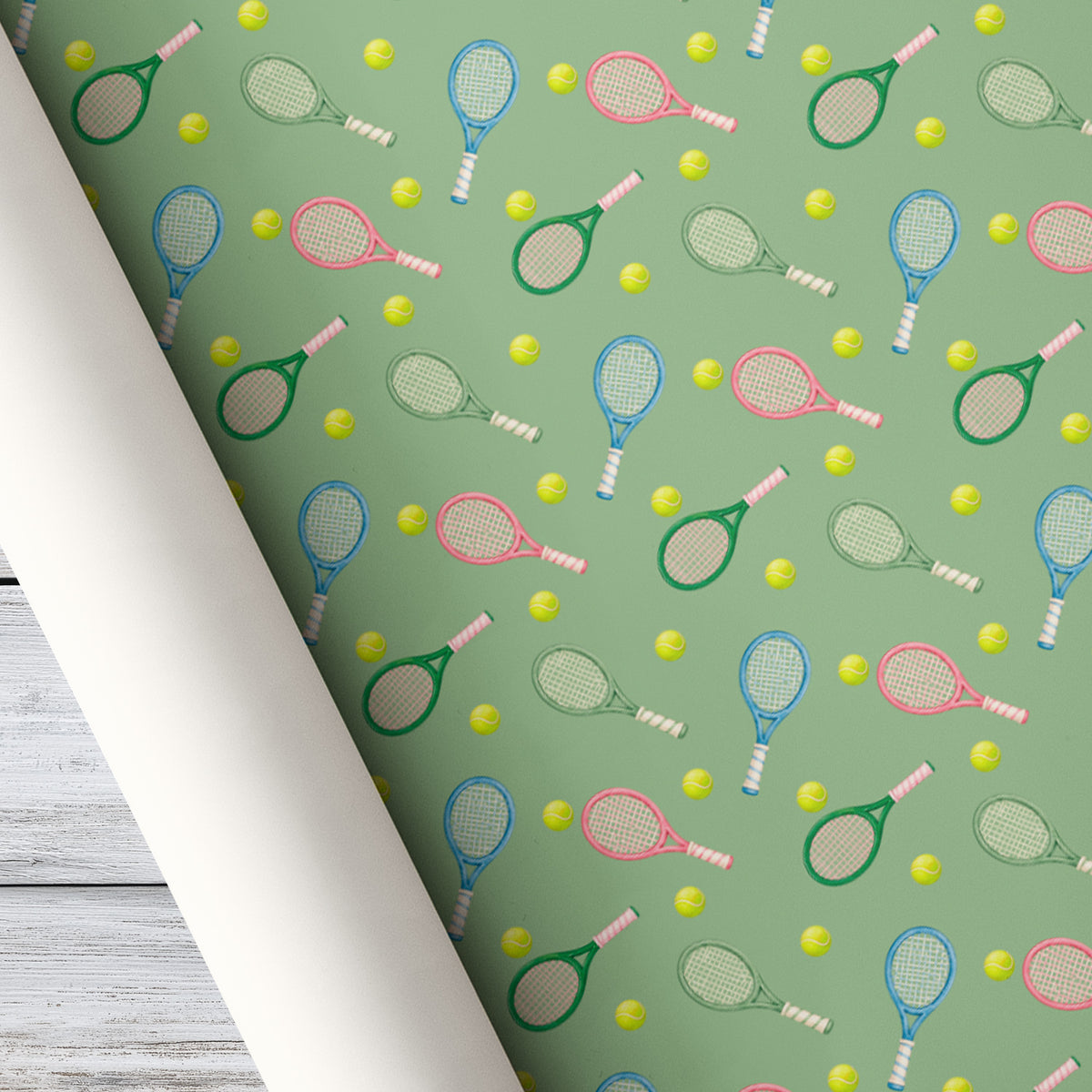 Tennis Wrapping Paper, Colorful Rackets And Balls On Sage Green Wrapping Paper Rolls, Gift Wrap For Tennis Lover