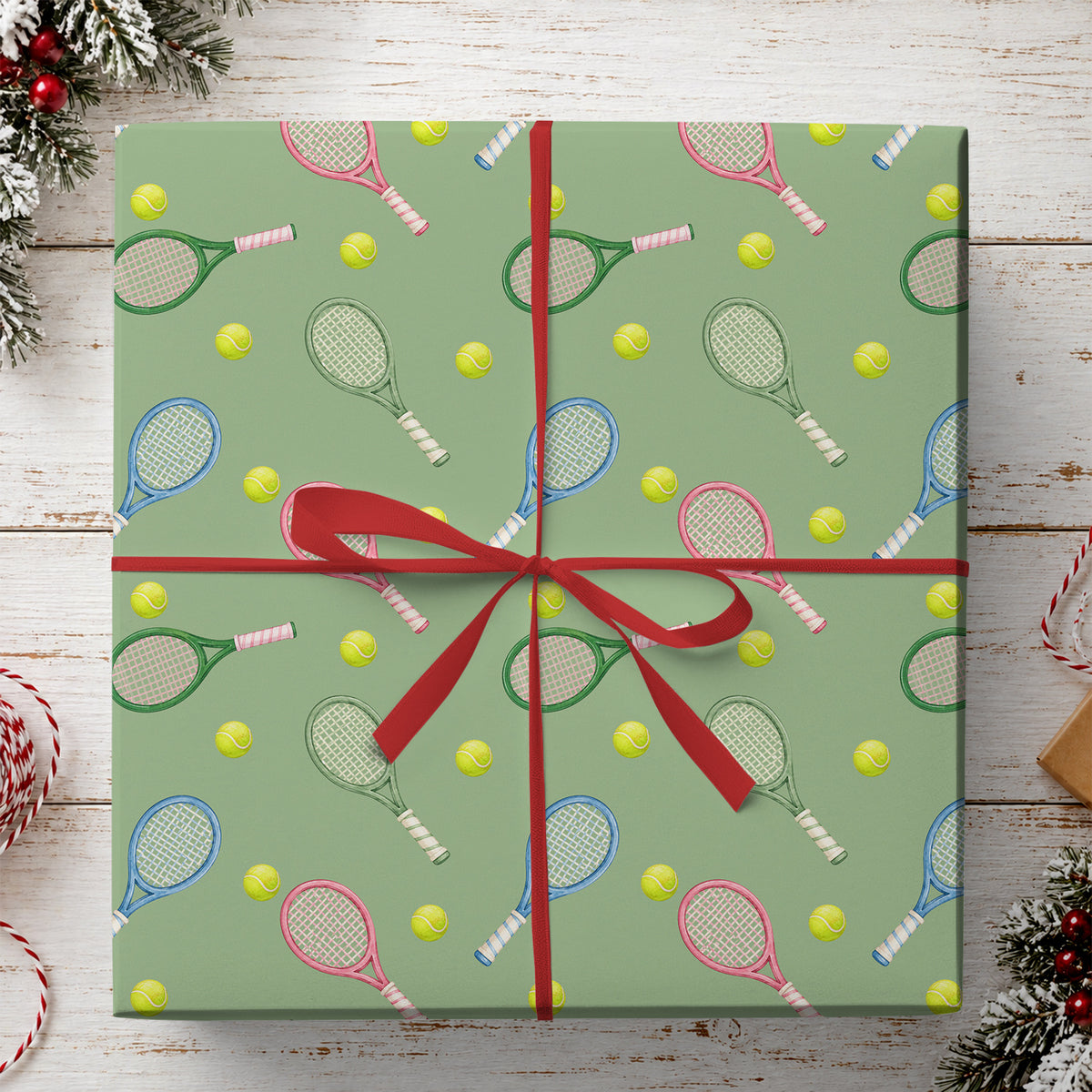 Tennis Wrapping Paper, Colorful Rackets And Balls On Sage Green Wrapping Paper Rolls, Gift Wrap For Tennis Lover