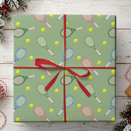 Tennis Wrapping Paper, Colorful Rackets And Balls On Sage Green Wrapping Paper Rolls, Gift Wrap For Tennis Lover