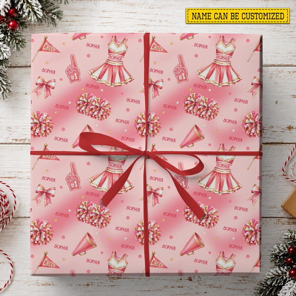 Personalized Cheerleading Wrapping Paper, Pink Watercolor Pom-Poms, Bows And Uniforms Wrapping Paper Rolls, Gift Wrap For Cheerleading Lover