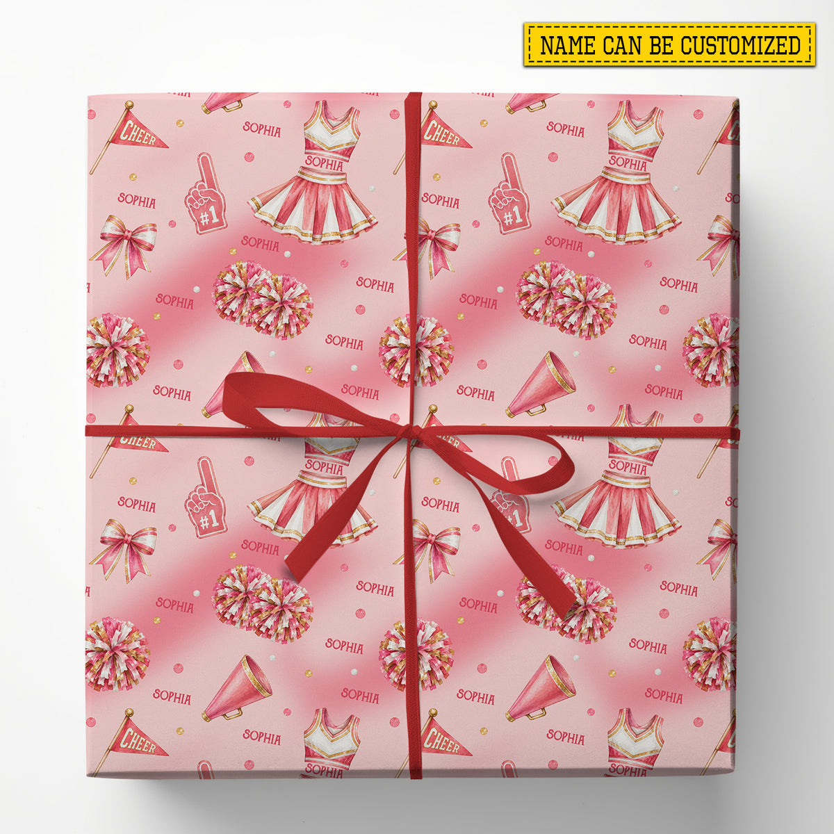 Personalized Cheerleading Wrapping Paper, Pink Watercolor Pom-Poms, Bows And Uniforms Wrapping Paper Rolls, Gift Wrap For Cheerleading Lover
