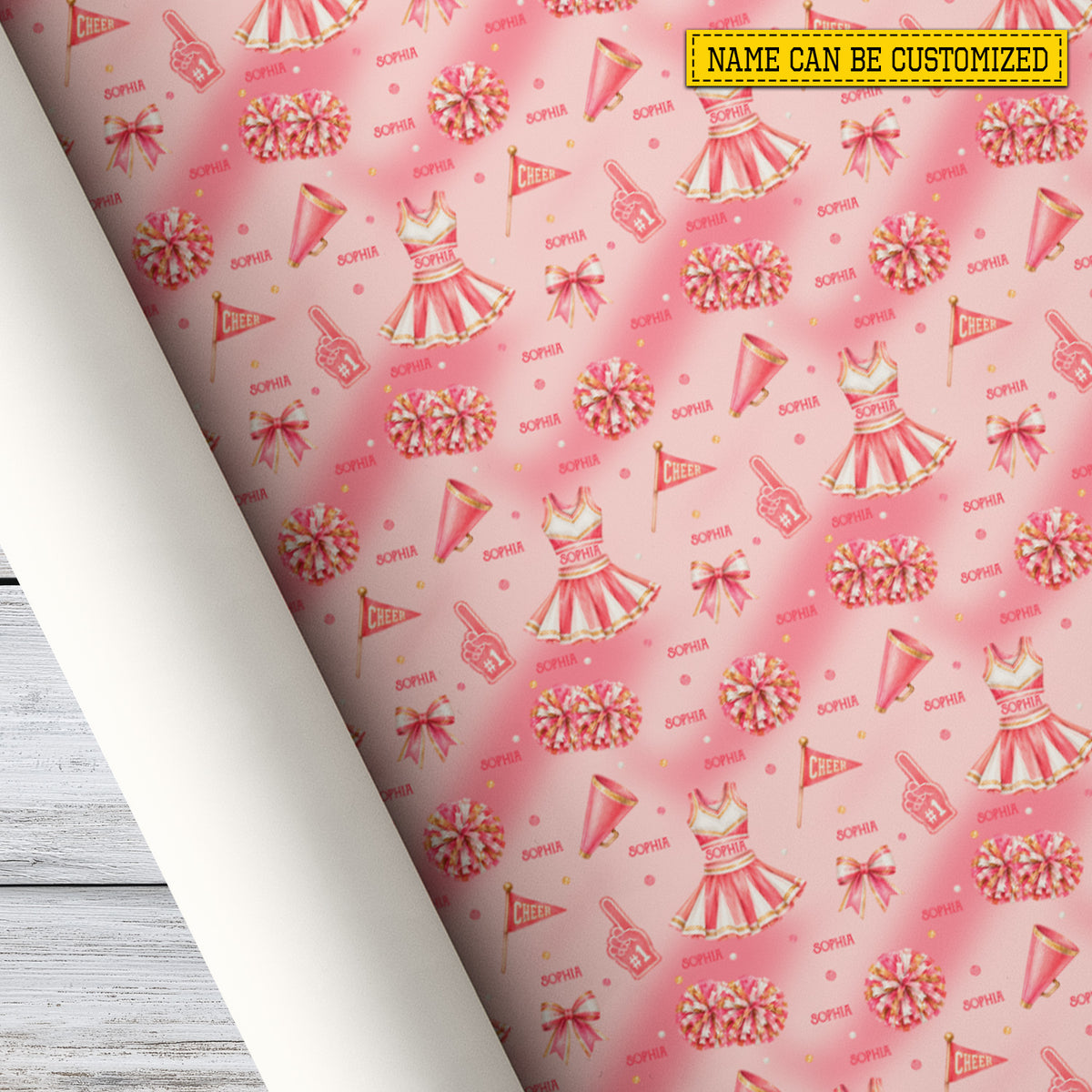 Personalized Cheerleading Wrapping Paper, Pink Watercolor Pom-Poms, Bows And Uniforms Wrapping Paper Rolls, Gift Wrap For Cheerleading Lover