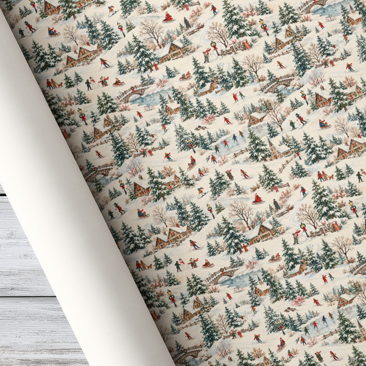 Vintage Christmas Skiing Wrapping Paper, Snowy Winter Scene With Cottages, Skiers & Ice Skaters Wrapping Paper Rolls, Xmas Gift Wrap For Skiing Lover