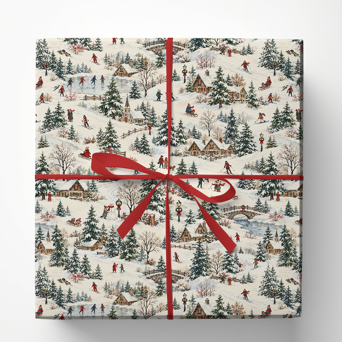 Vintage Christmas Skiing Wrapping Paper, Snowy Winter Scene With Cottages, Skiers & Ice Skaters Wrapping Paper Rolls, Xmas Gift Wrap For Skiing Lover