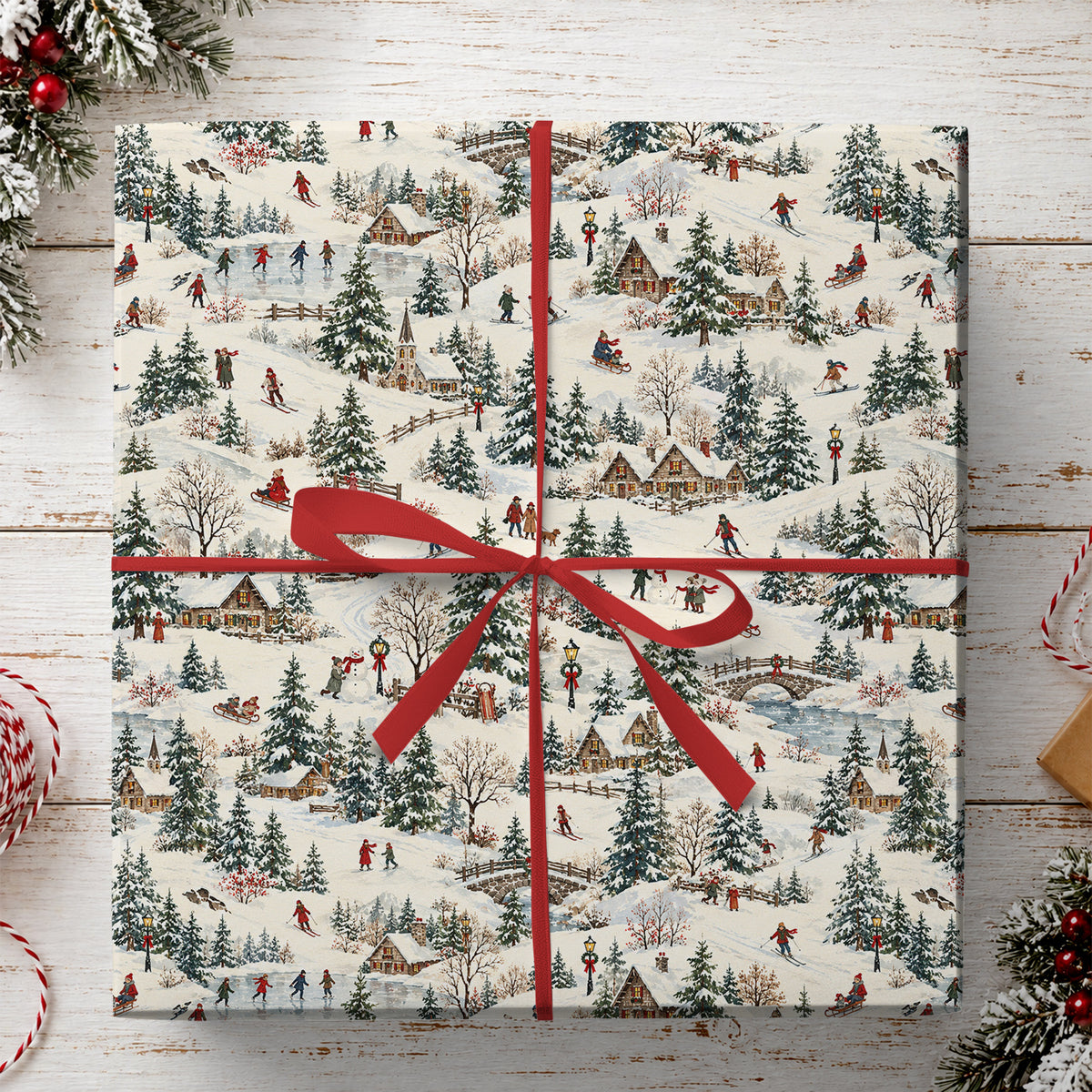 Vintage Christmas Skiing Wrapping Paper, Snowy Winter Scene With Cottages, Skiers & Ice Skaters Wrapping Paper Rolls, Xmas Gift Wrap For Skiing Lover