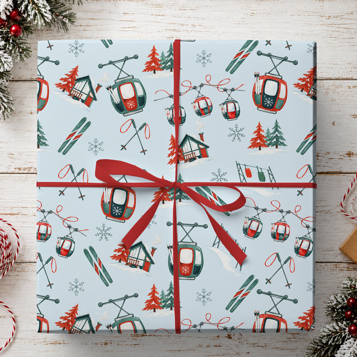 Ski Resort Wrapping Paper, Red And Green Gondolas, Skis And Snowy Chalets Wrapping Paper Rolls, Gift Wrap For Skiing Lover