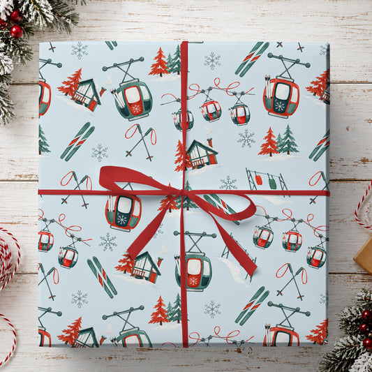 Ski Resort Wrapping Paper, Red And Green Gondolas, Skis And Snowy Chalets Wrapping Paper Rolls, Gift Wrap For Skiing Lover
