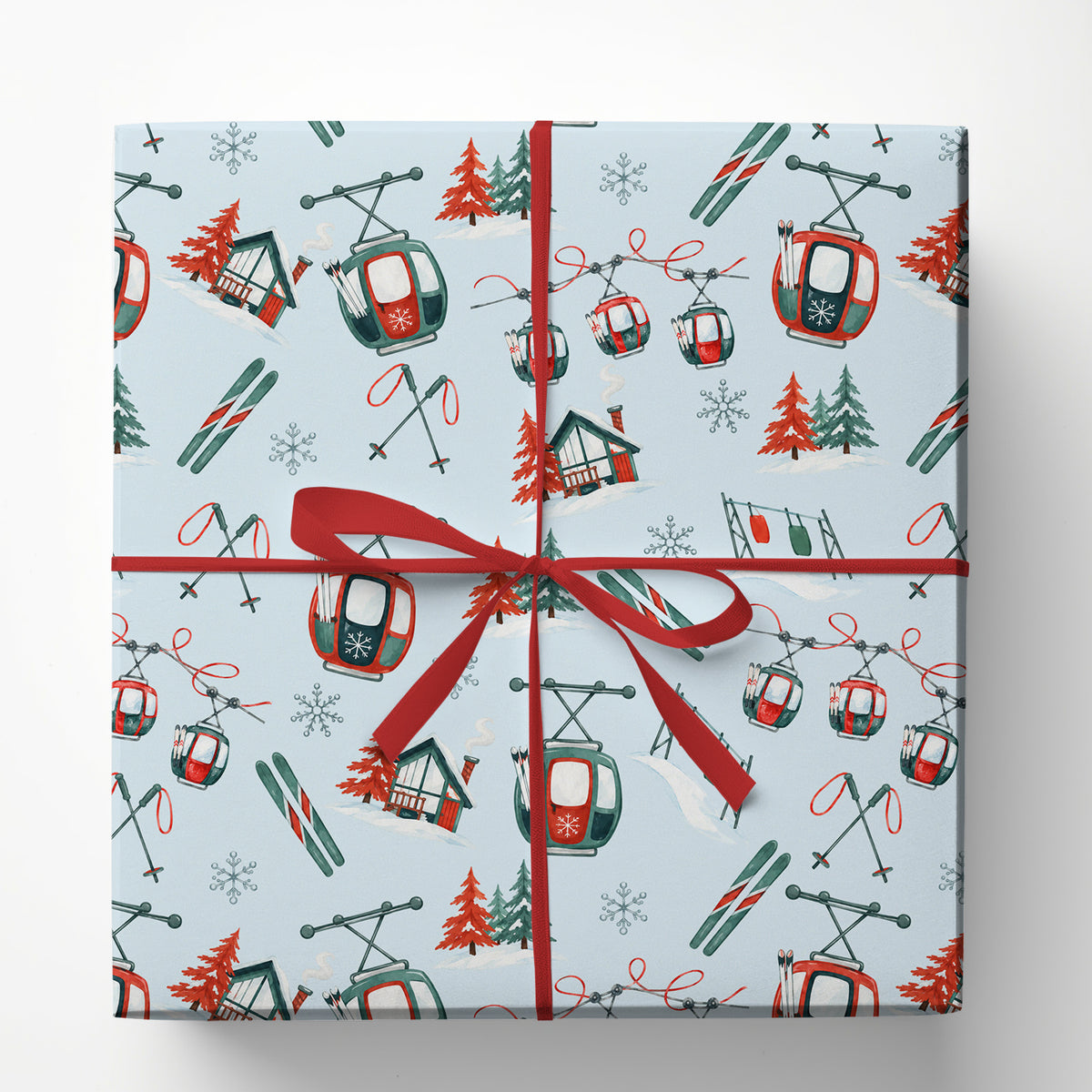Ski Resort Wrapping Paper, Red And Green Gondolas, Skis And Snowy Chalets Wrapping Paper Rolls, Gift Wrap For Skiing Lover