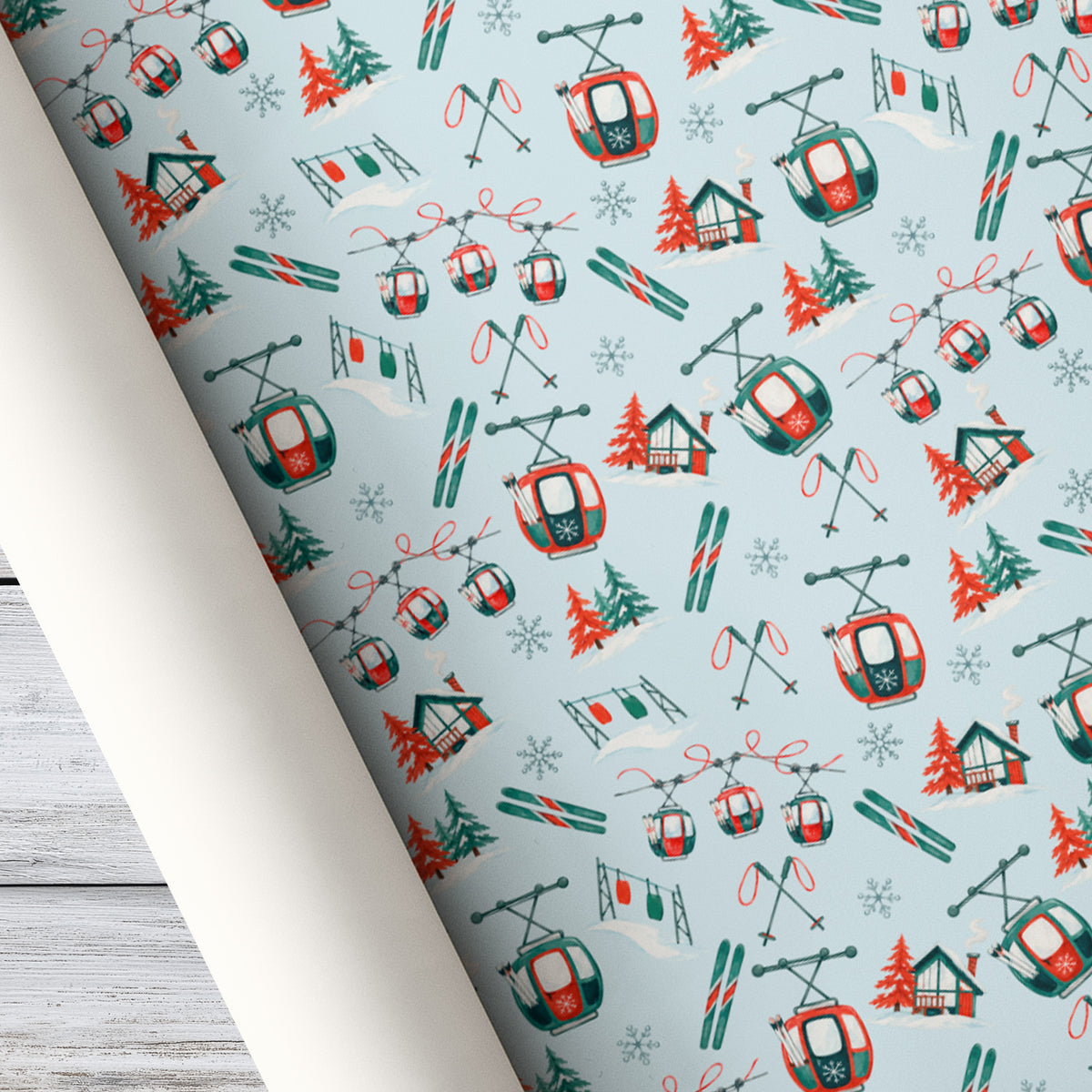 Ski Resort Wrapping Paper, Red And Green Gondolas, Skis And Snowy Chalets Wrapping Paper Rolls, Gift Wrap For Skiing Lover