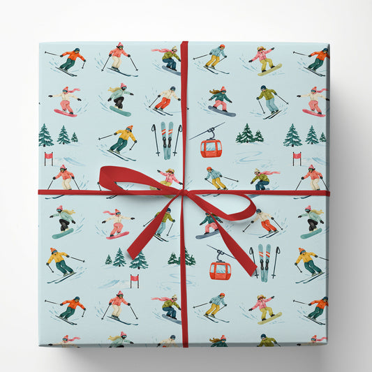 Colorful Skiing & Snowboarding Wrapping Paper, Skiers, Snowboarders And Gondola On Light Blue Winter Sport Wrapping Paper Rolls, Gift Wrap For Skiing And Snowboarding Lover