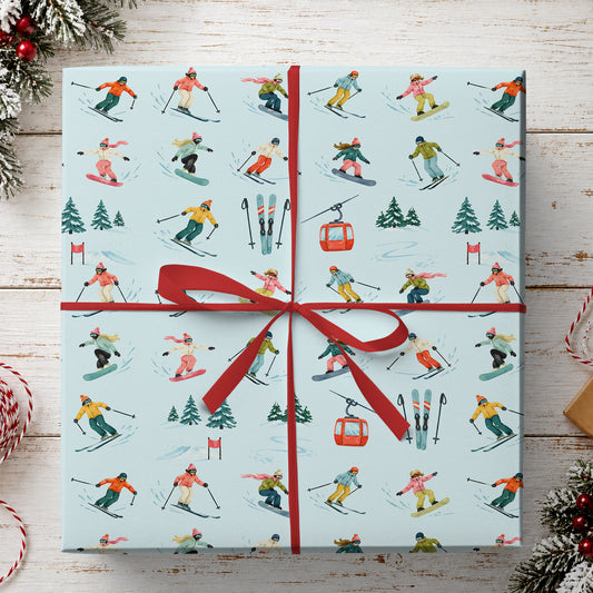 Colorful Skiing & Snowboarding Wrapping Paper, Skiers, Snowboarders And Gondola On Light Blue Winter Sport Wrapping Paper Rolls, Gift Wrap For Skiing And Snowboarding Lover