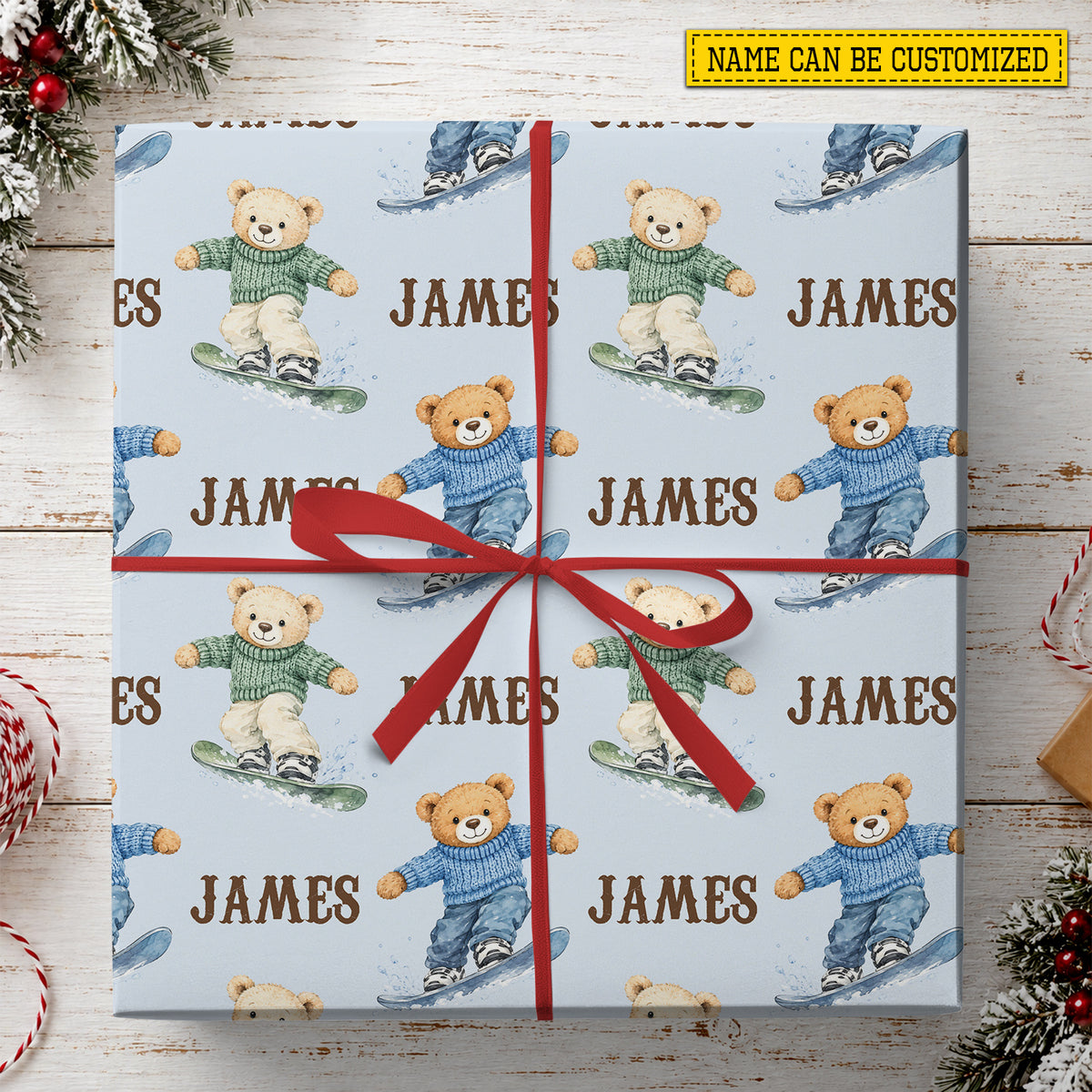 Personalized Snowboarding Bear Wrapping Paper, Snow Much Bear Fun Wrapping Paper Rolls, Gift Wrap For Snowboarding Lover