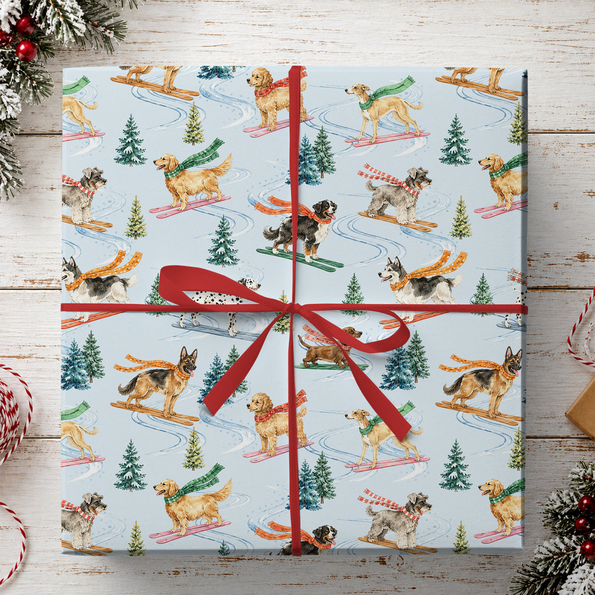 Skiing Dogs Wrapping Paper, Pups With Winter Scarves On Light Blue Winter Sport Wrapping Paper Rolls, Gift Wrap For Skiing & Dog Lover