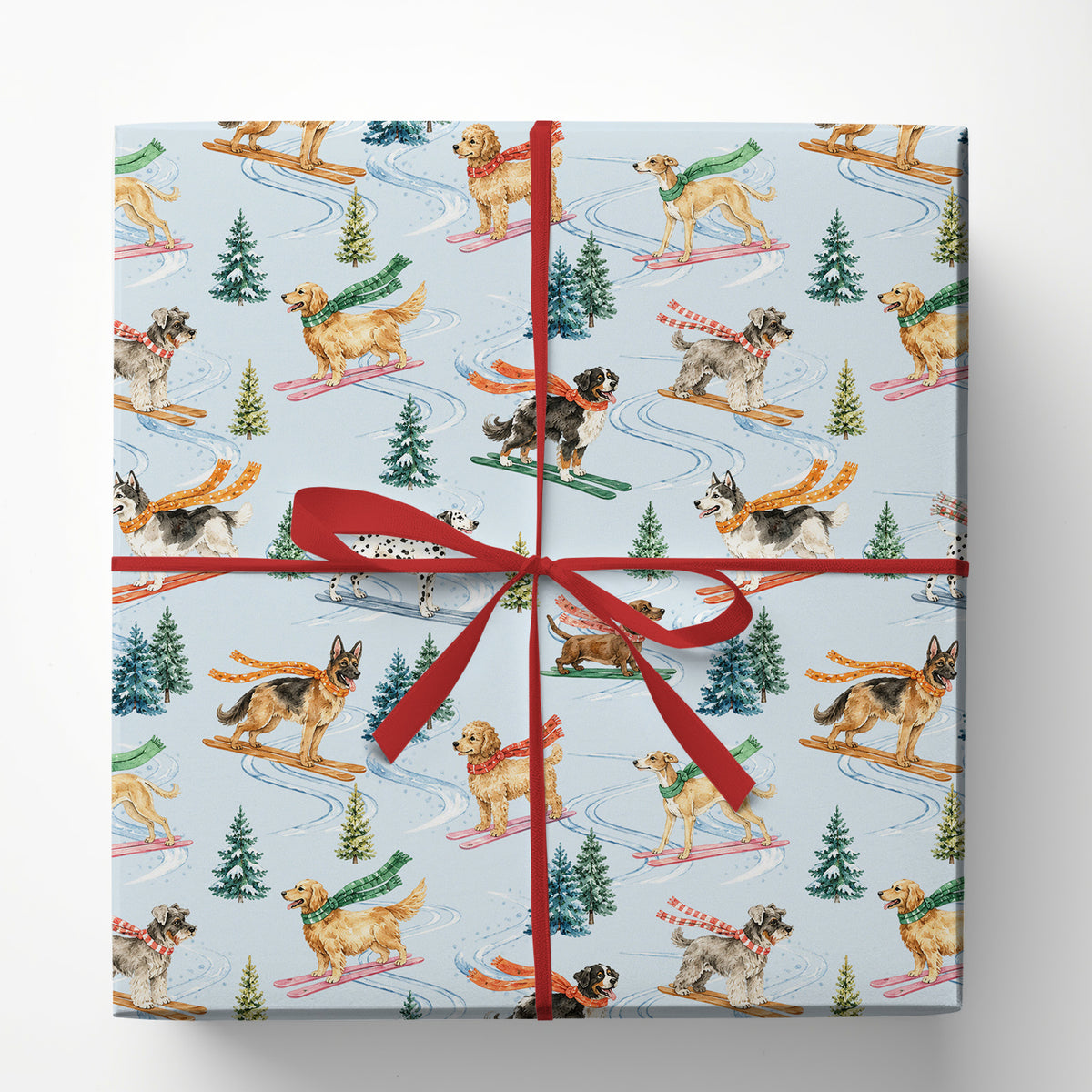 Skiing Dogs Wrapping Paper, Pups With Winter Scarves On Light Blue Winter Sport Wrapping Paper Rolls, Gift Wrap For Skiing & Dog Lover