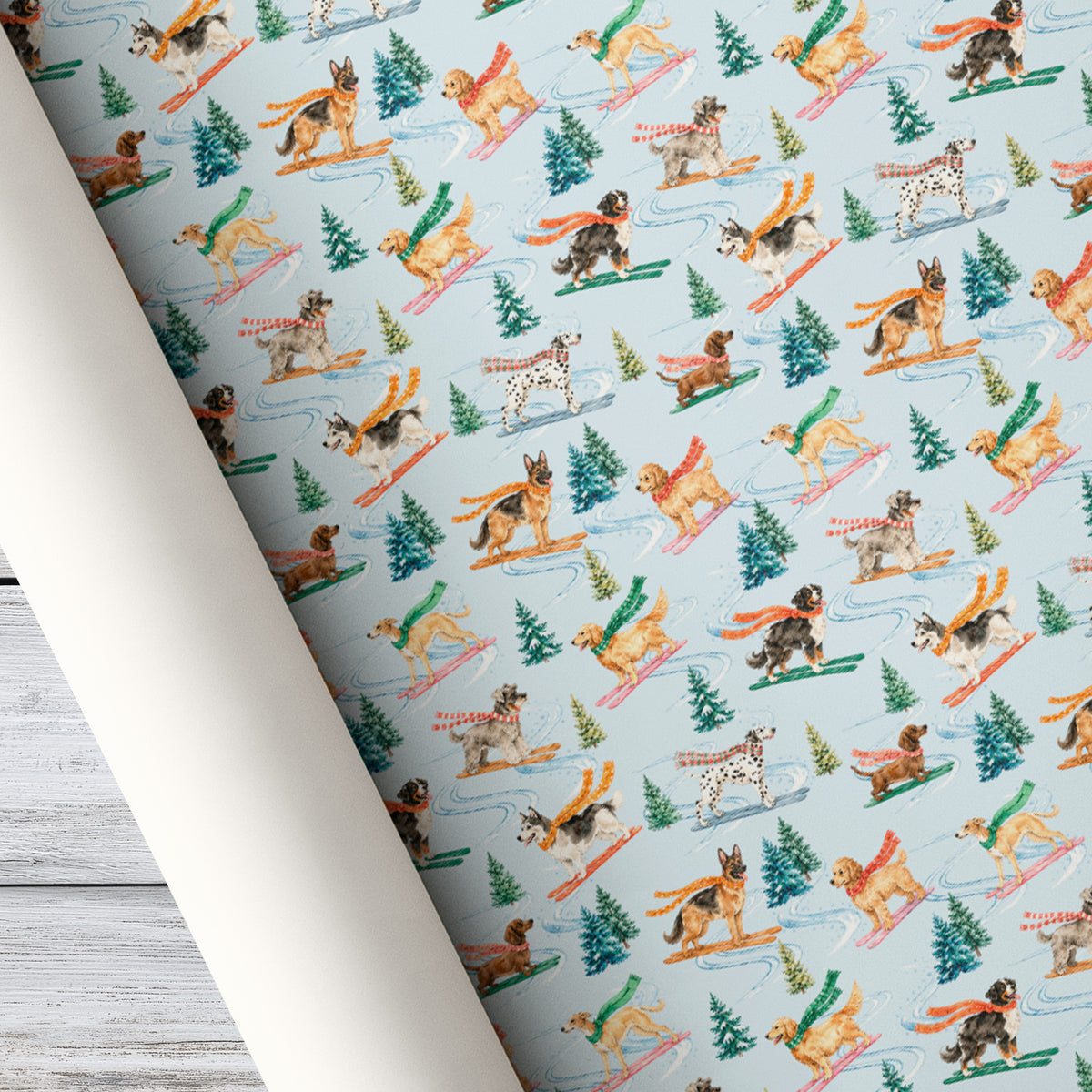 Skiing Dogs Wrapping Paper, Pups With Winter Scarves On Light Blue Winter Sport Wrapping Paper Rolls, Gift Wrap For Skiing & Dog Lover