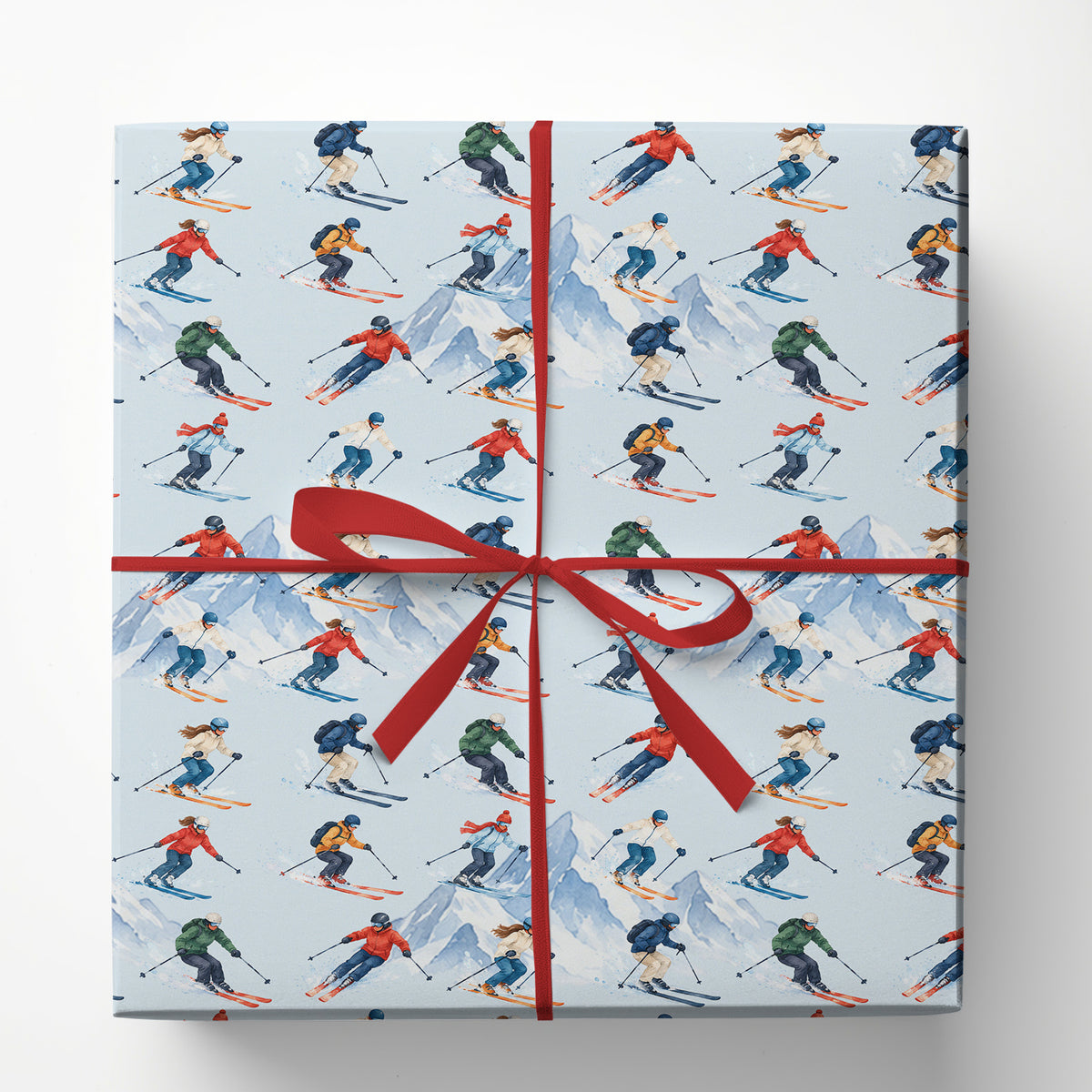 Skiing Wrapping Paper, Downhill Skiers And Snowy Mountains On Light Blue Wrapping Paper Rolls, Gift Wrap For Skiing Lover