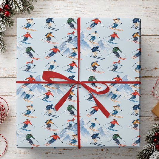 Skiing Wrapping Paper, Downhill Skiers And Snowy Mountains On Light Blue Wrapping Paper Rolls, Gift Wrap For Skiing Lover
