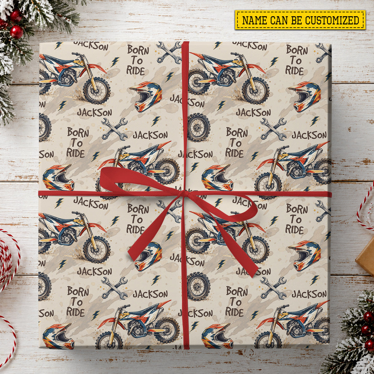Personalized Dirt Bike Wrapping Paper, Custom Name Born To Ride Motocross Wrapping Paper Rolls, Gift Wrap For Motocross Lover