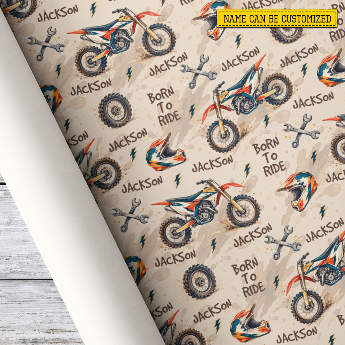 Personalized Dirt Bike Wrapping Paper, Custom Name Born To Ride Motocross Wrapping Paper Rolls, Gift Wrap For Motocross Lover