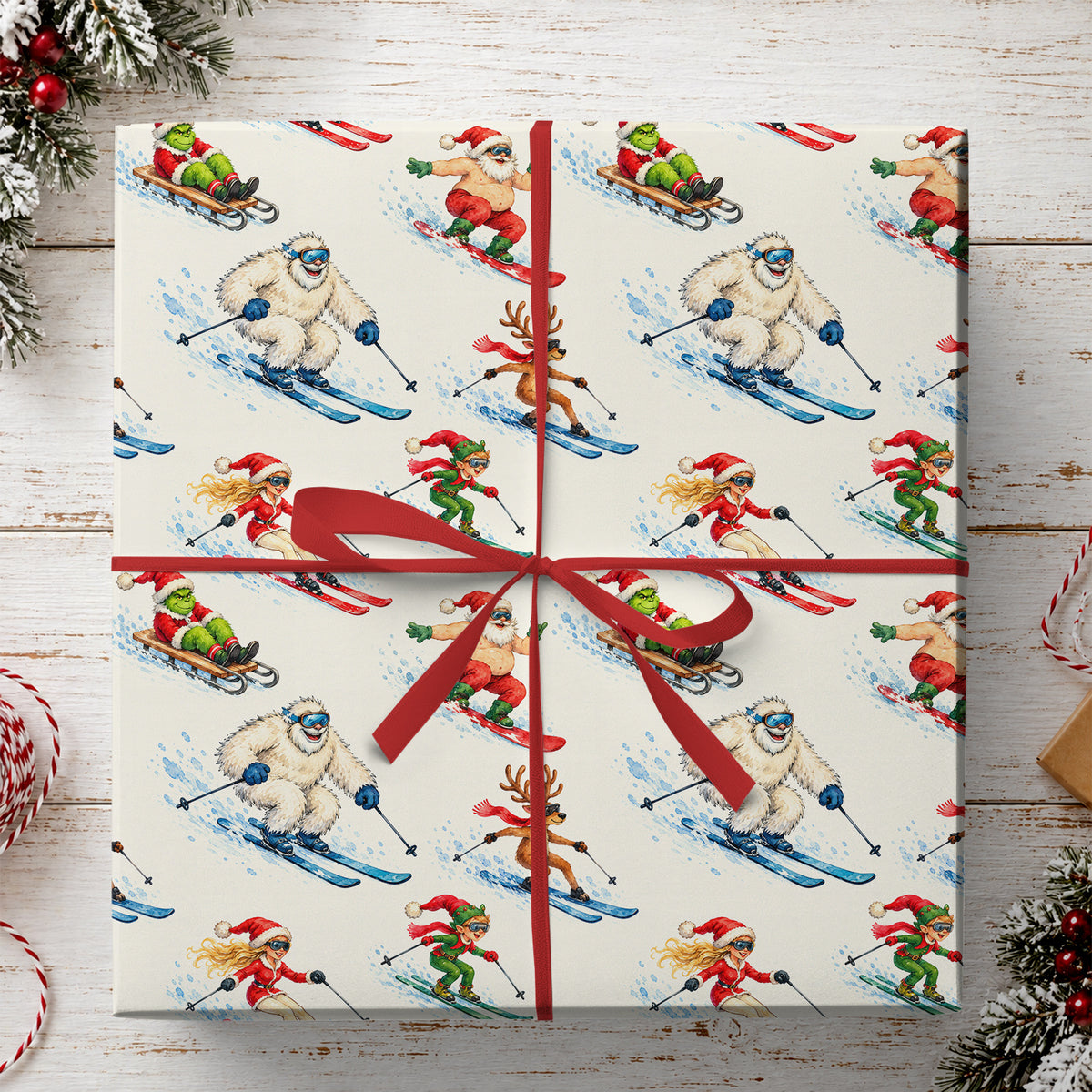 Funny Christmas Skiing & Snowboarding Wrapping Paper, Yeti, Santa & Reindeer Winter Sports Wrapping Paper Rolls, Xmas Gift Wrap For Skiing & Snowboarding Lover