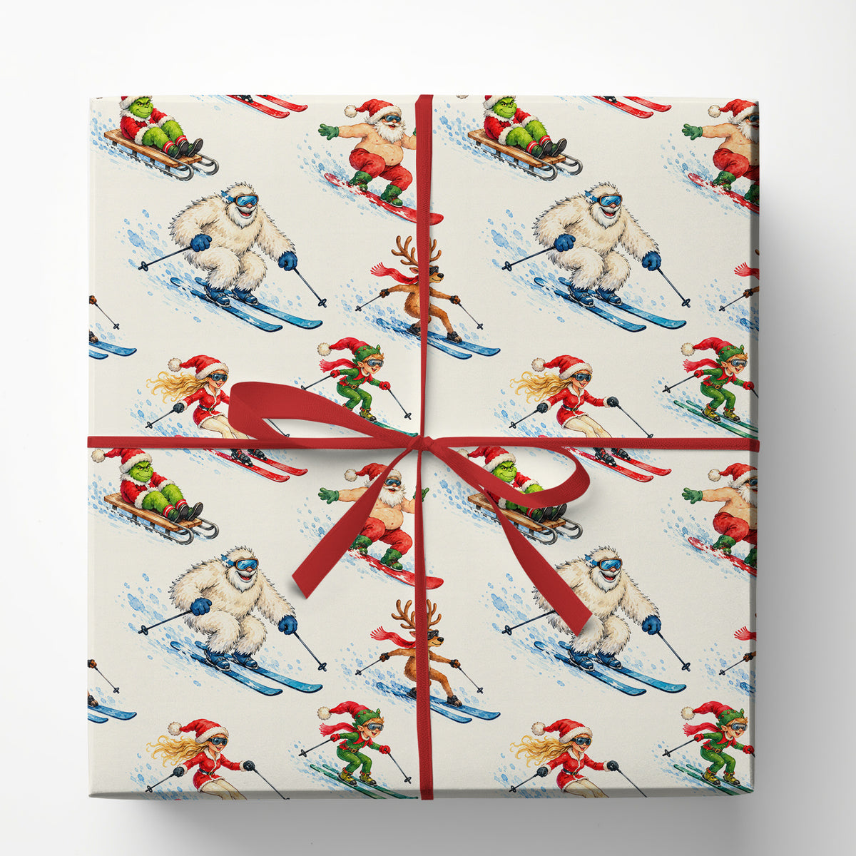 Funny Christmas Skiing & Snowboarding Wrapping Paper, Yeti, Santa & Reindeer Winter Sports Wrapping Paper Rolls, Xmas Gift Wrap For Skiing & Snowboarding Lover
