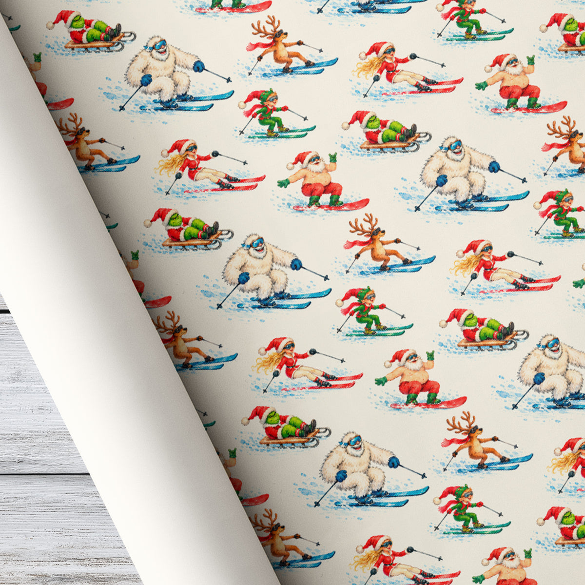 Funny Christmas Skiing & Snowboarding Wrapping Paper, Yeti, Santa & Reindeer Winter Sports Wrapping Paper Rolls, Xmas Gift Wrap For Skiing & Snowboarding Lover