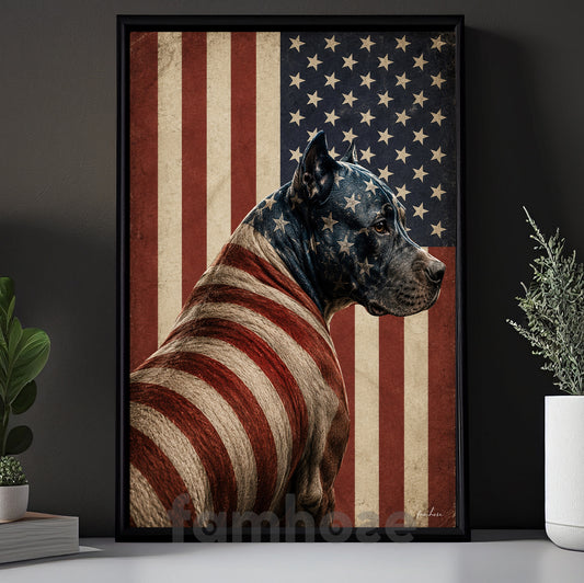 July 4th Pitbull Dog USA Flag Canvas Painting, Freedom Guardian Wall Art Decor, Independence Day Poster Gift For Pitbull Lover