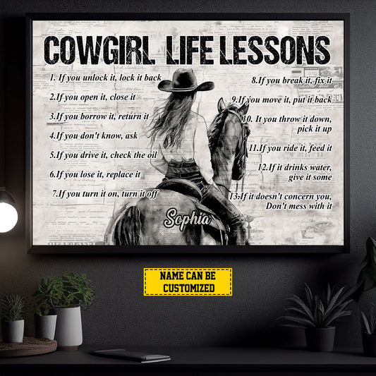 Personalized Motivational Cowgirl Canvas Painting, Cowgirl Life Lessons, Inspirational Quotes Horse Wall Art Decor, Poster Gift For Rodeo Lovers