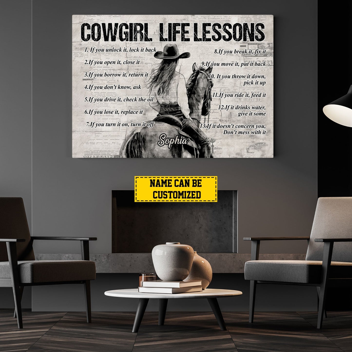 Personalized Motivational Cowgirl Canvas Painting, Cowgirl Life Lessons, Inspirational Quotes Horse Wall Art Decor, Poster Gift For Rodeo Lovers