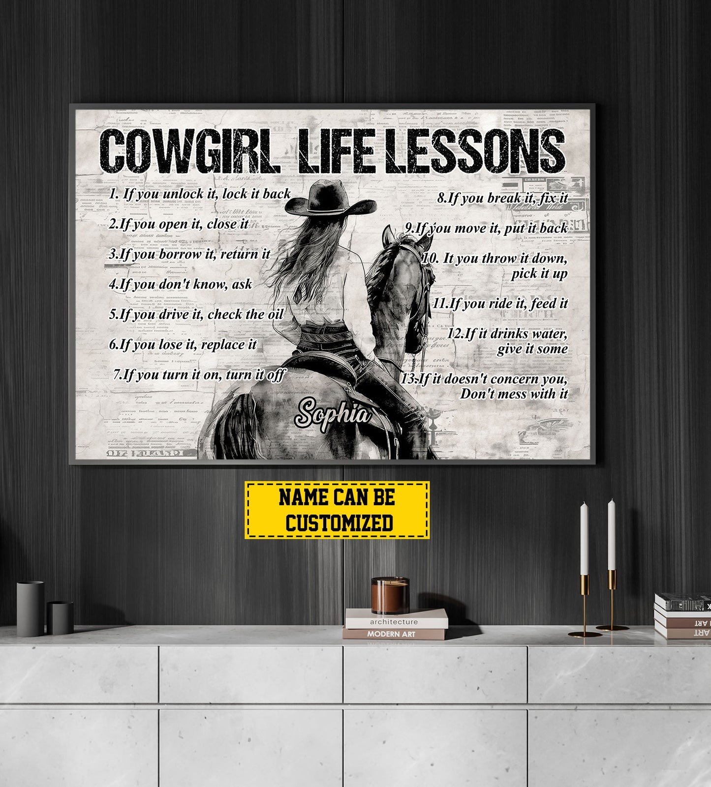 Personalized Motivational Cowgirl Canvas Painting, Cowgirl Life Lessons, Inspirational Quotes Horse Wall Art Decor, Poster Gift For Rodeo Lovers