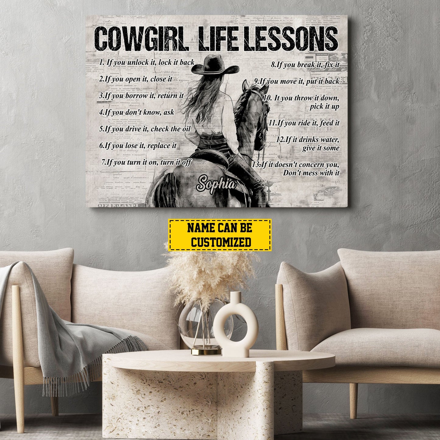 Personalized Motivational Cowgirl Canvas Painting, Cowgirl Life Lessons, Inspirational Quotes Horse Wall Art Decor, Poster Gift For Rodeo Lovers