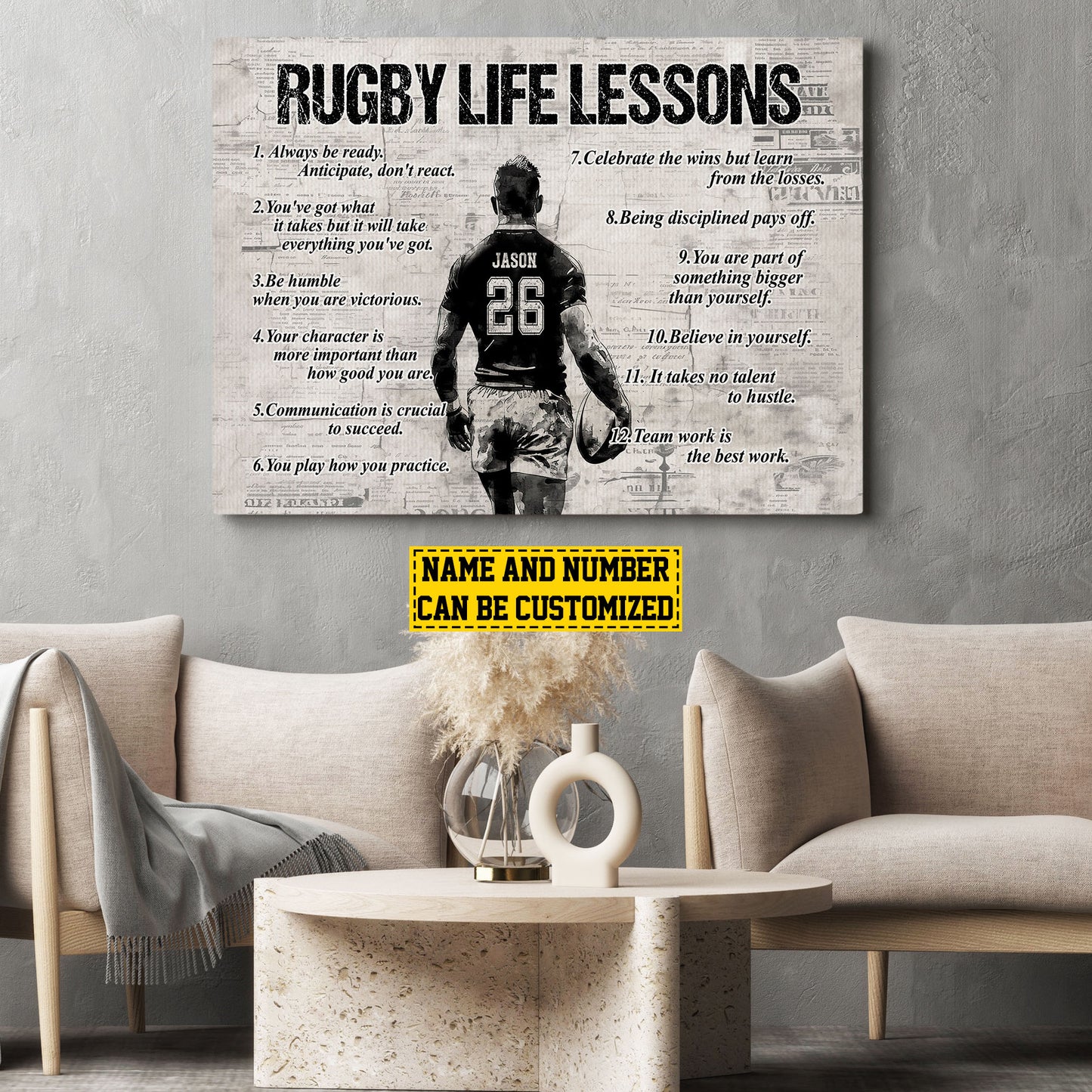 Personalized Motivational Rugby Canvas Painting, Rugby Life Lessons, Inspirational Quotes Wall Art Decor, Poster Gift For Rugby Lovers