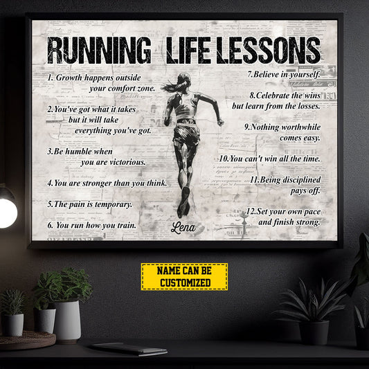 Personalized Motivational Running Girl Canvas Painting, Running Life Lessons, Inspirational Quotes Wall Art Decor, Poster Gift For Running Lovers
