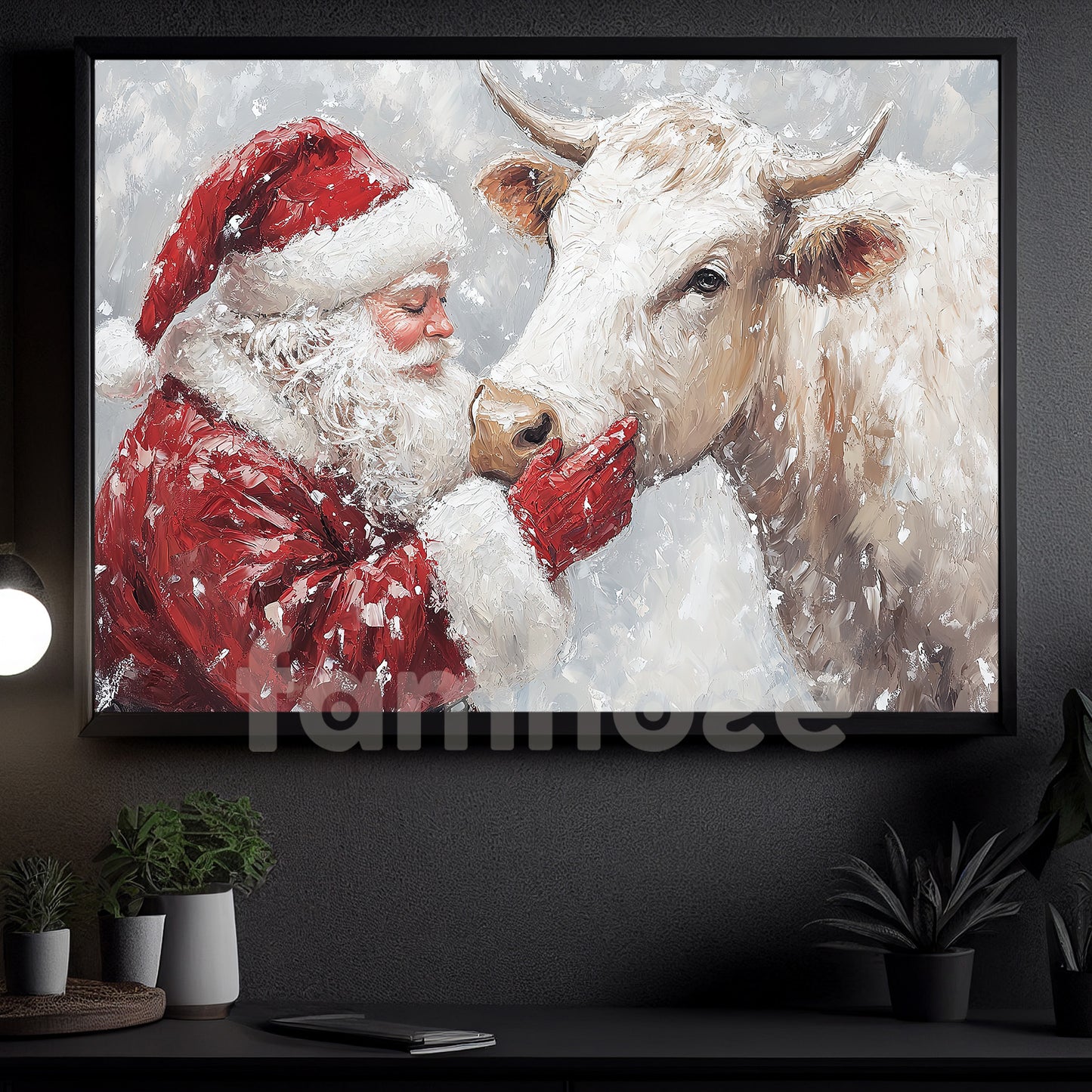 Christmas Cow Canvas Painting, Rustic Santa And Cow Wall Art Decor, Xmas Poster Gift For Cow Lovers