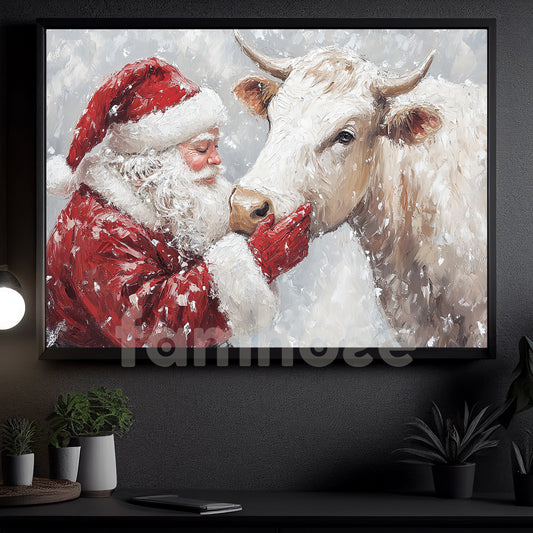 Christmas Cow Canvas Painting, Rustic Santa And Cow Wall Art Decor, Xmas Poster Gift For Cow Lovers