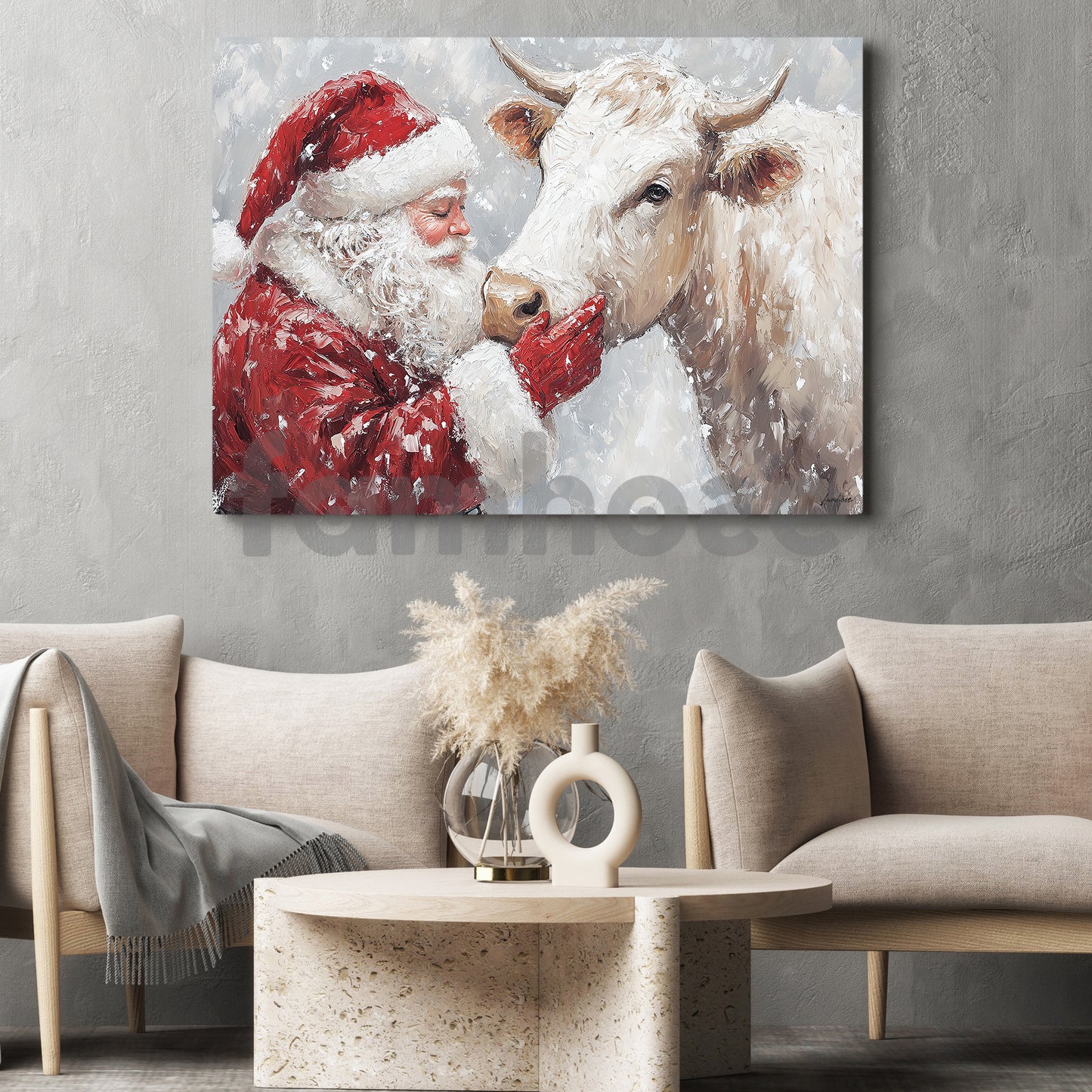 Christmas Cow Canvas Painting, Rustic Santa And Cow Wall Art Decor, Xmas Poster Gift For Cow Lovers