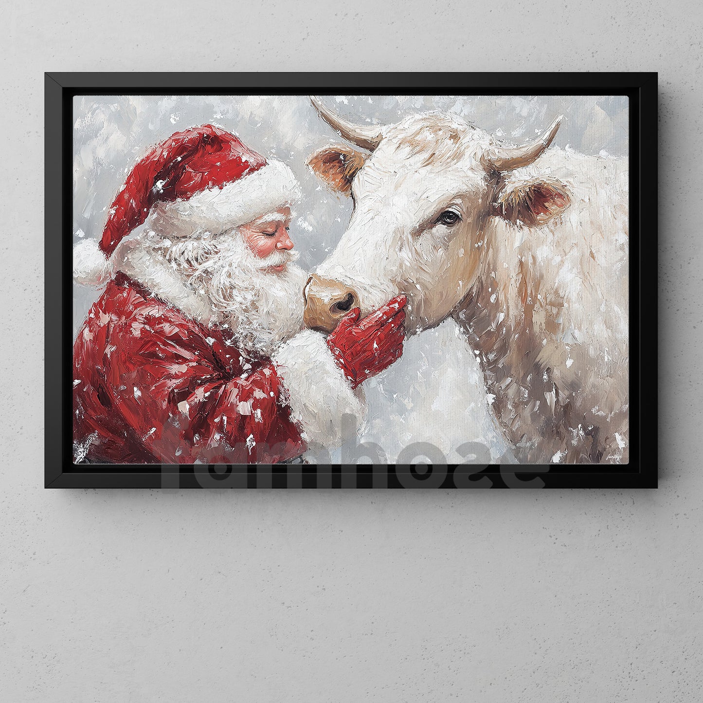 Christmas Cow Canvas Painting, Rustic Santa And Cow Wall Art Decor, Xmas Poster Gift For Cow Lovers